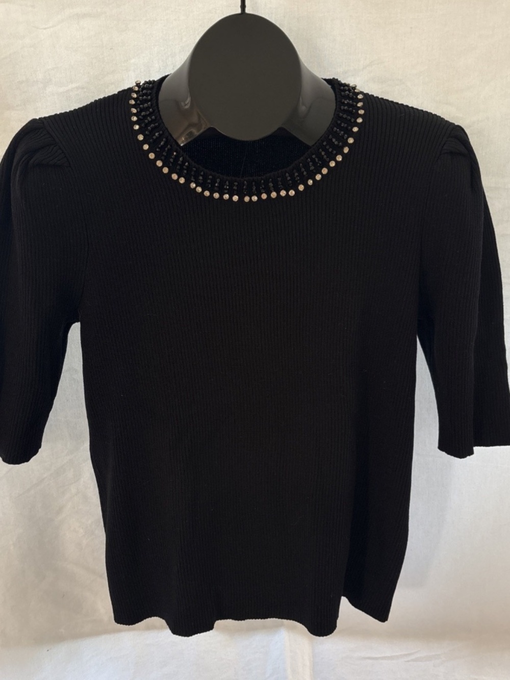 NWT NANETTE by Nanette Lepore Black Ribbed Crystal Top Stretch Short Sleeve